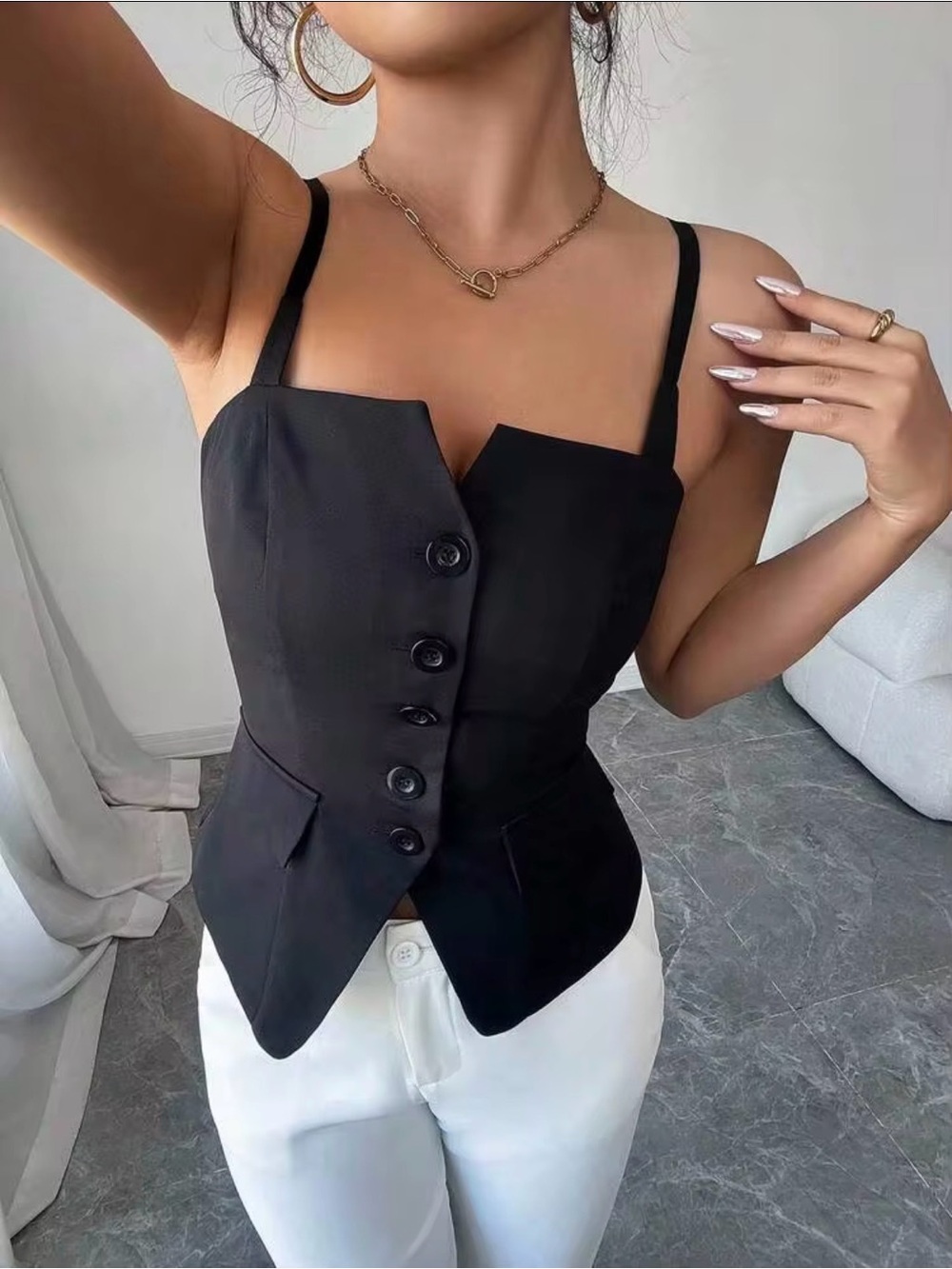 SHEIN Black Tailored Button-Front Camisole Vest top S
